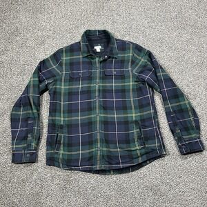 LL Bean Jacket Mens S Green Plaid Flannel Lined Snap Shacket Pockets Outdoors